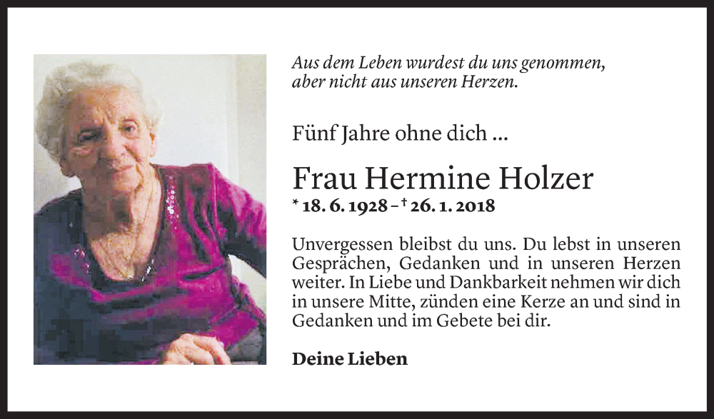  Todesanzeige für Hermine Holzer vom 25.01.2023 aus Vorarlberger Nachrichten