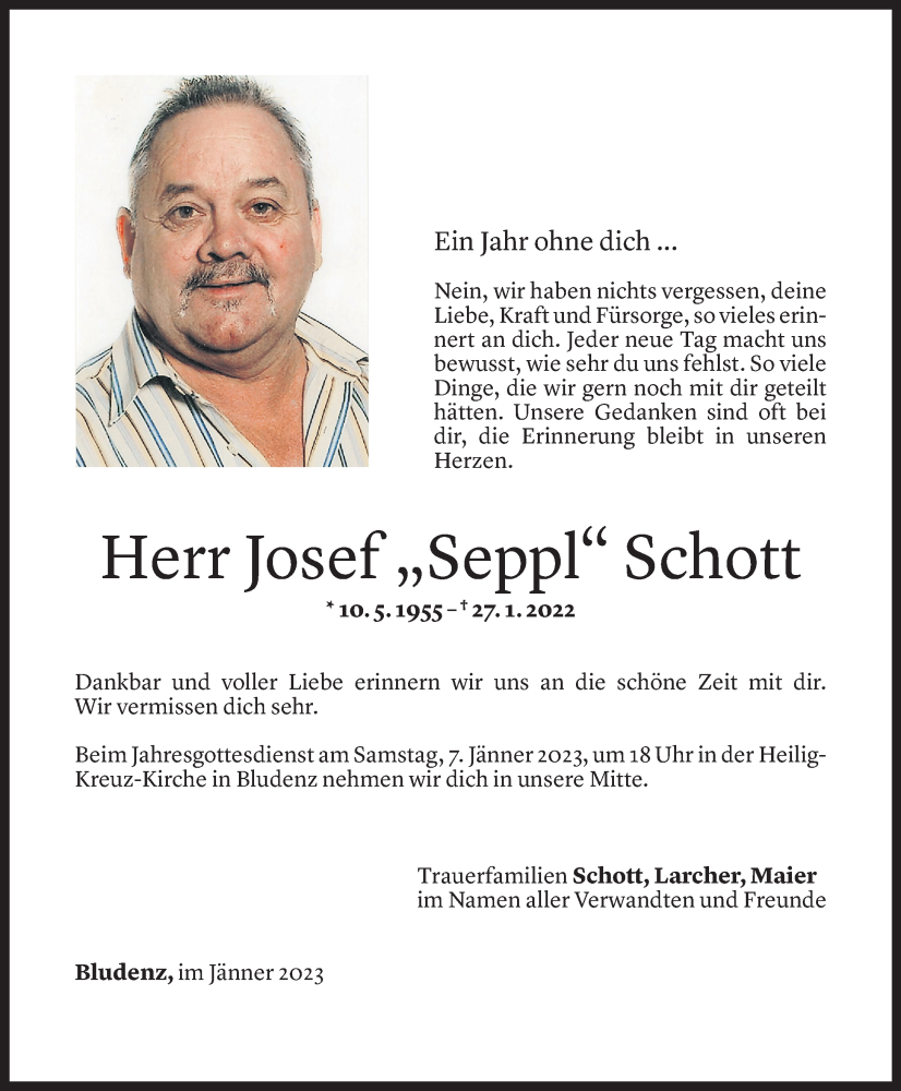  Todesanzeige für Josef Schott vom 04.01.2023 aus Vorarlberger Nachrichten
