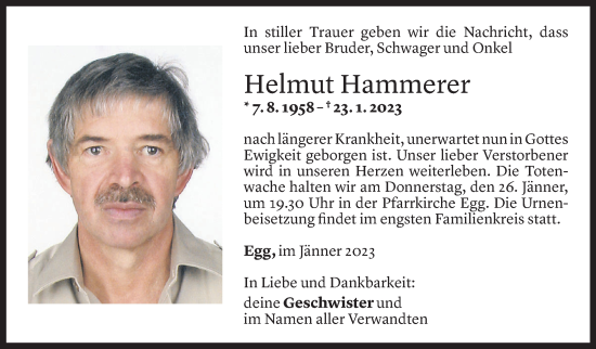 Todesanzeige von Helmut Hammerer von Vorarlberger Nachrichten