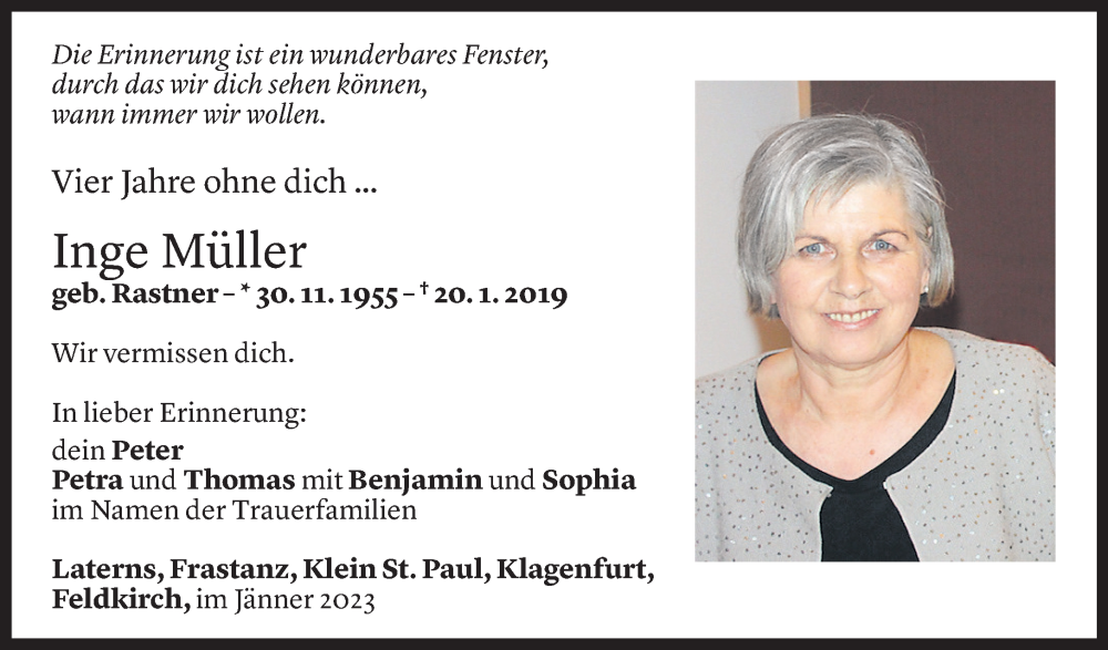  Todesanzeige für Inge Müller vom 19.01.2023 aus Vorarlberger Nachrichten