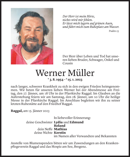 Todesanzeige von Werner Müller von Vorarlberger Nachrichten