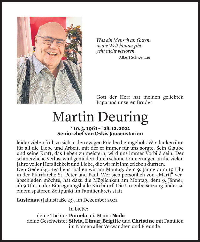  Todesanzeige für Martin Deuring vom 06.01.2023 aus Vorarlberger Nachrichten