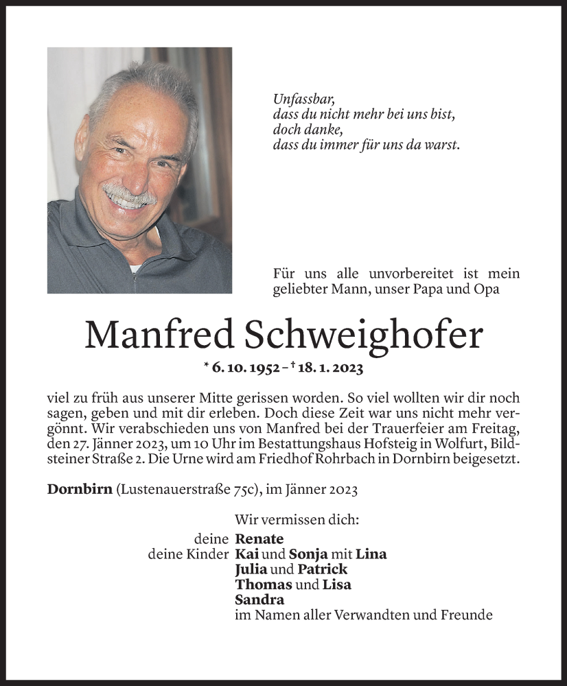  Todesanzeige für Manfred Schweighofer vom 25.01.2023 aus Vorarlberger Nachrichten