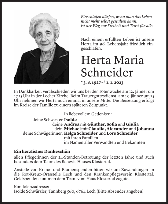 Todesanzeige von Herta Maria Schneider von Vorarlberger Nachrichten