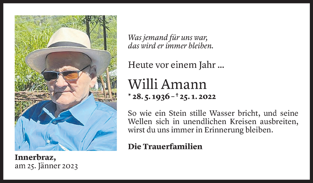  Todesanzeige für Willi Amann vom 25.01.2023 aus Vorarlberger Nachrichten