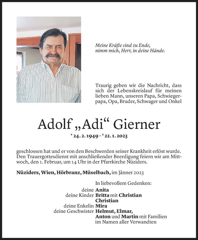  Todesanzeige für Adolf Gierner vom 28.01.2023 aus Vorarlberger Nachrichten
