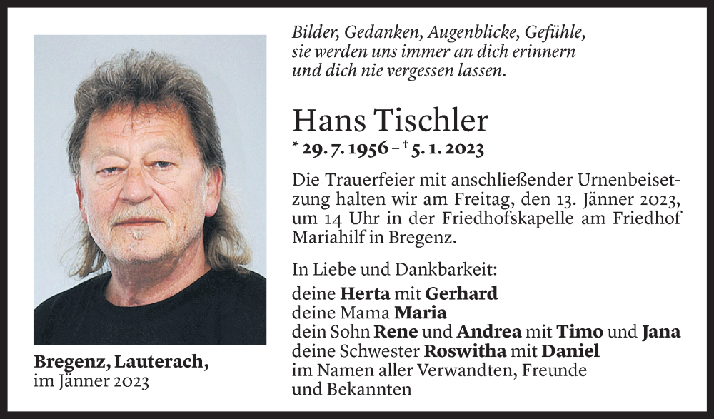  Todesanzeige für Johann Tischler vom 11.01.2023 aus Vorarlberger Nachrichten