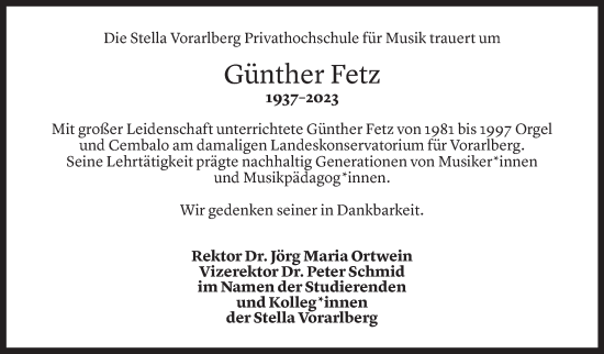 Todesanzeige von Günther Fetz von Vorarlberger Nachrichten