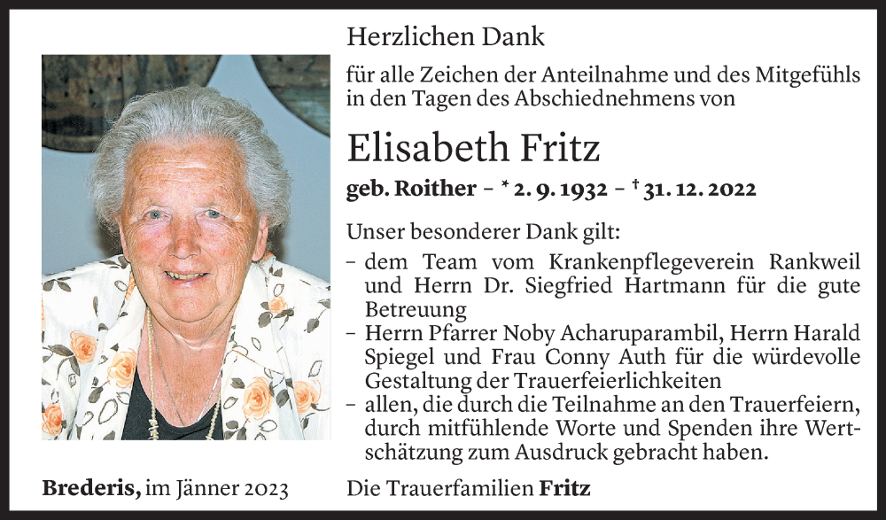  Todesanzeige für Elisabeth Fritz vom 21.01.2023 aus vorarlberger nachrichten