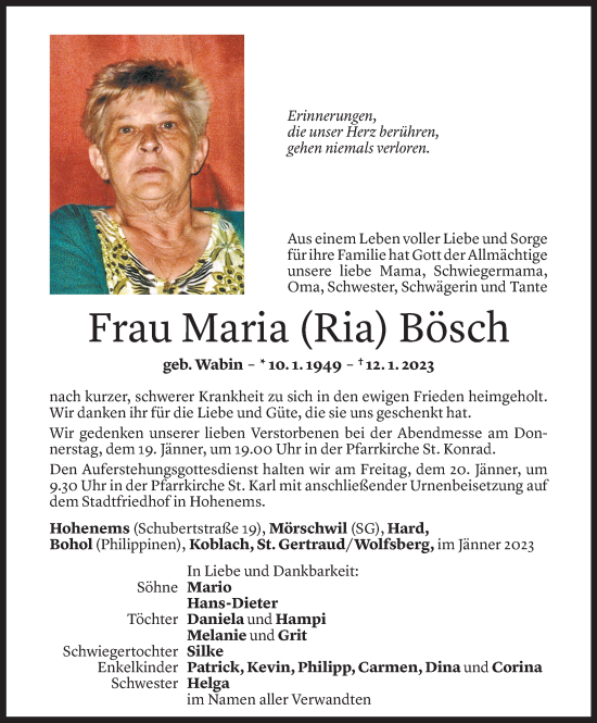 Todesanzeige von Maria Bösch von Vorarlberger Nachrichten