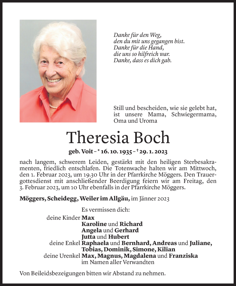  Todesanzeige für Theresia Boch vom 31.01.2023 aus Vorarlberger Nachrichten
