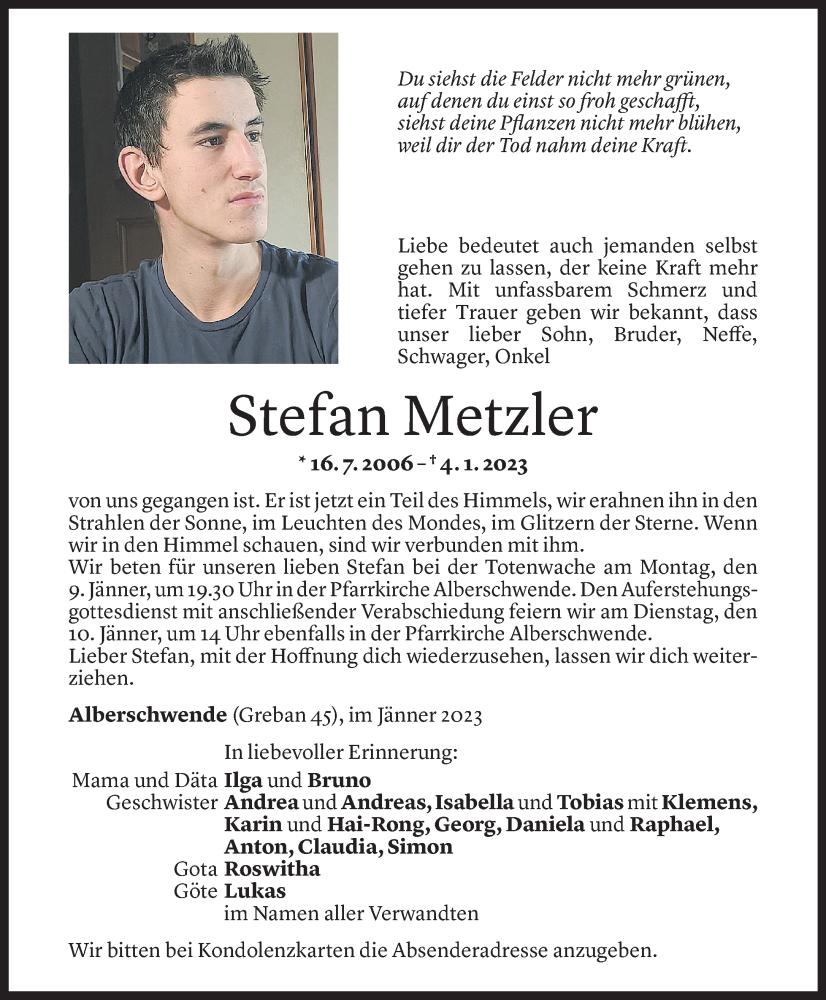 Todesanzeige für Stefan Metzler vom 06.01.2023 aus Vorarlberger Nachrichten