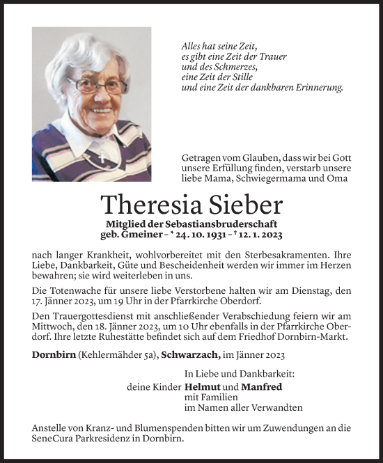 Todesanzeige von Theresia Sieber von Vorarlberger Nachrichten