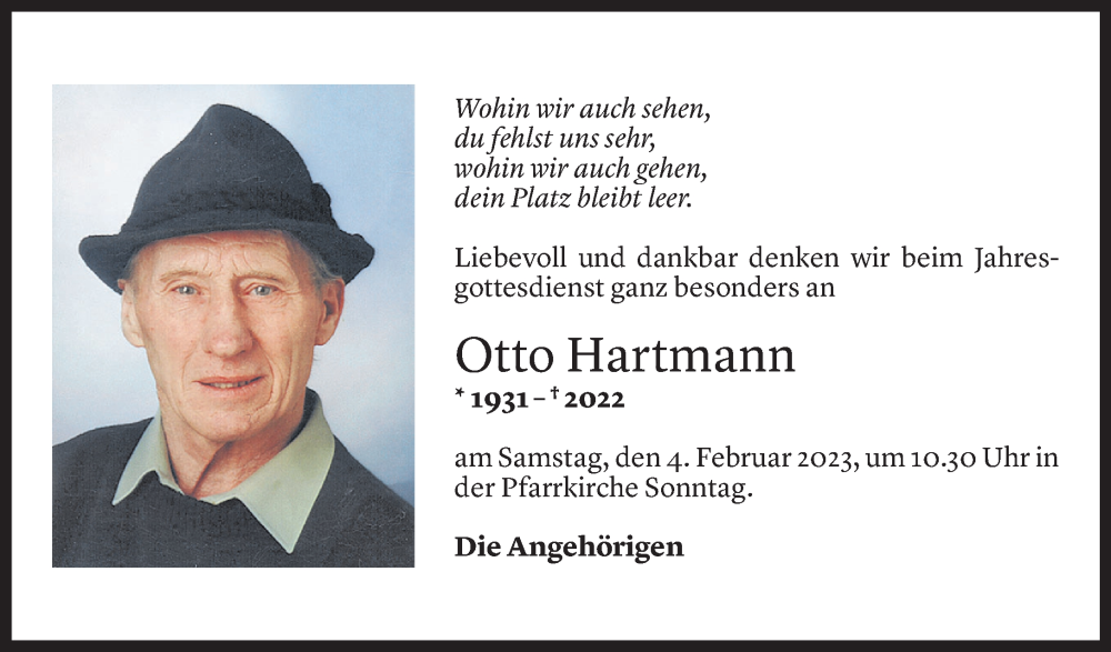  Todesanzeige für Otto Hartmann vom 31.01.2023 aus Vorarlberger Nachrichten