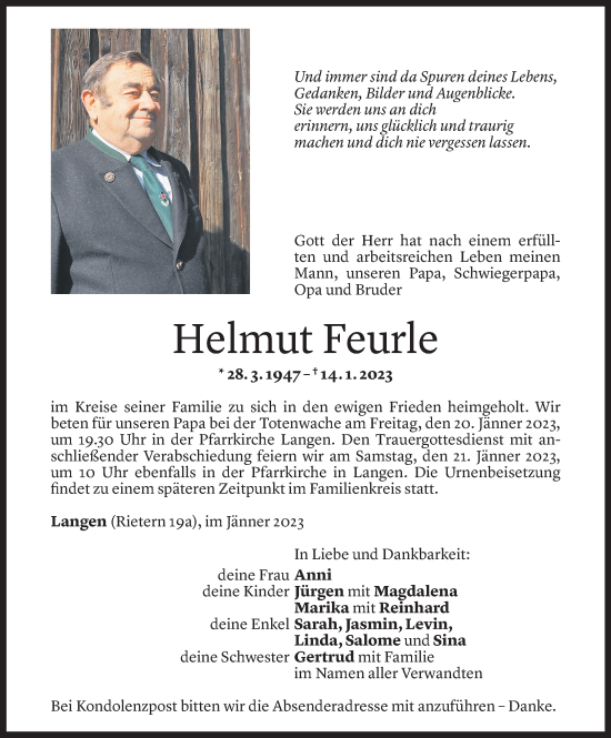 Todesanzeige von Helmut Feurle von Vorarlberger Nachrichten