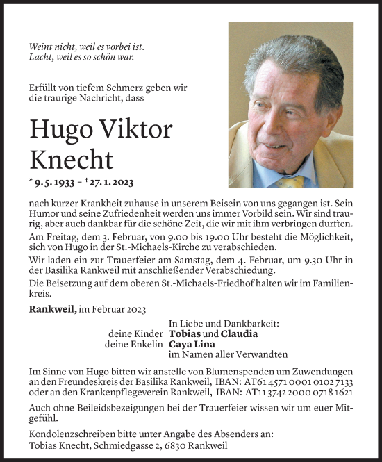 Todesanzeige von Hugo Knecht von Vorarlberger Nachrichten