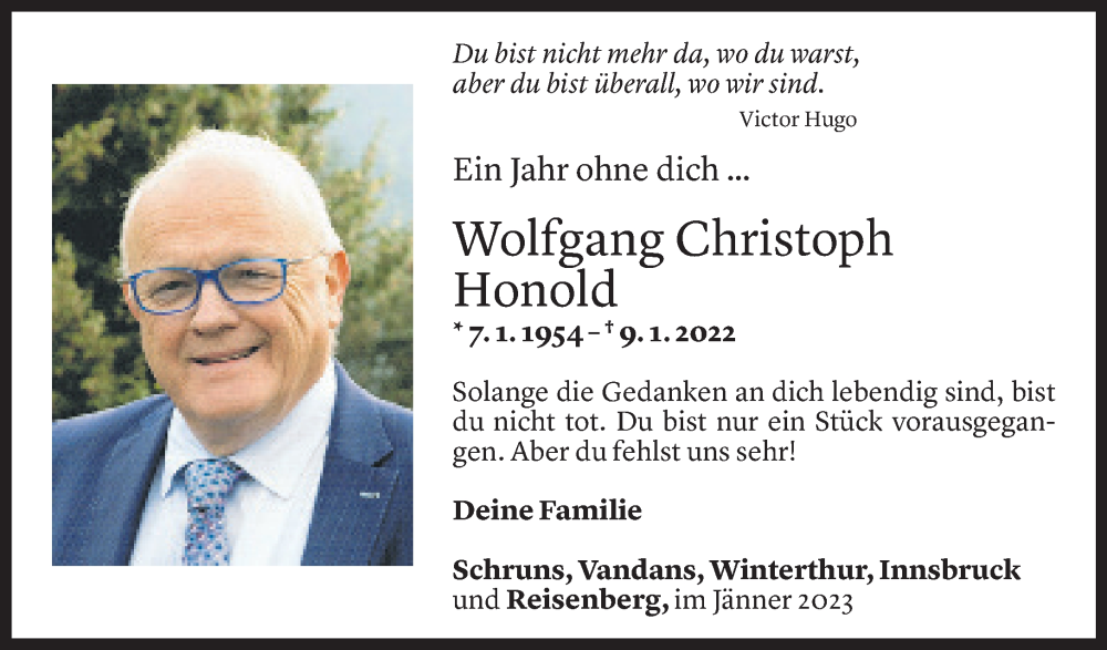  Todesanzeige für Wolfgang Christoph Honold vom 06.01.2023 aus Vorarlberger Nachrichten
