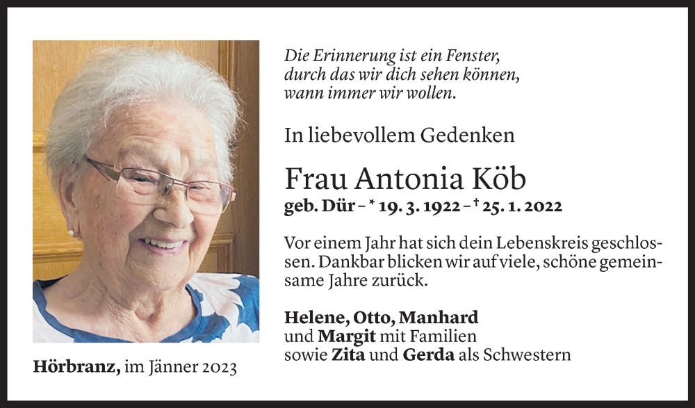  Todesanzeige für Antonia Köb vom 24.01.2023 aus Vorarlberger Nachrichten