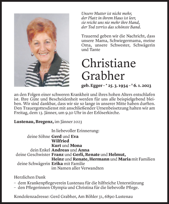 Todesanzeige von Christiane Grabher von Vorarlberger Nachrichten