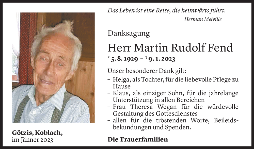  Todesanzeige für Martin Fend vom 31.01.2023 aus Vorarlberger Nachrichten