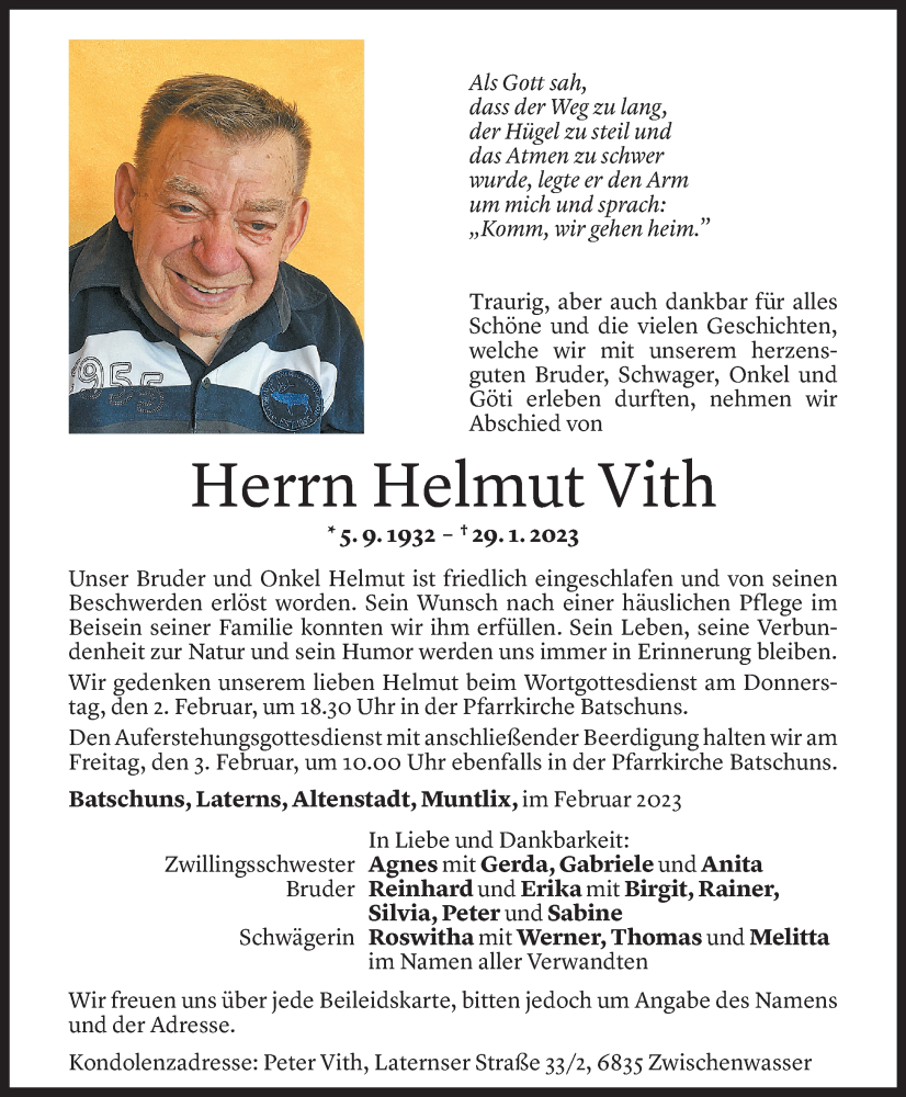  Todesanzeige für Helmut Vith vom 01.02.2023 aus Vorarlberger Nachrichten