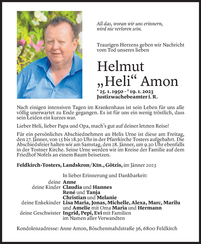  Todesanzeige für Helmut Amon vom 24.01.2023 aus Vorarlberger Nachrichten