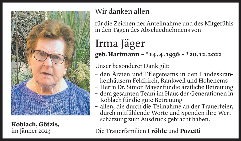  Todesanzeige für Irma Jäger vom 31.01.2023 aus Vorarlberger Nachrichten