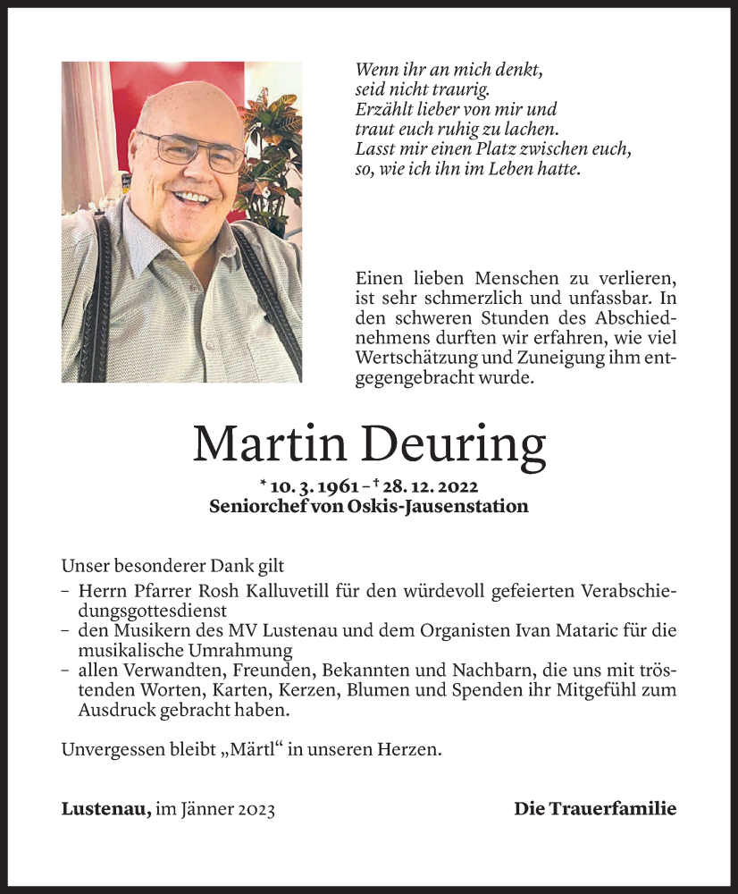  Todesanzeige für Martin Deuring vom 27.01.2023 aus Vorarlberger Nachrichten