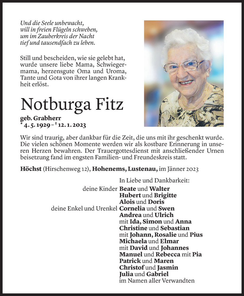  Todesanzeige für Notburga Fitz vom 28.01.2023 aus Vorarlberger Nachrichten