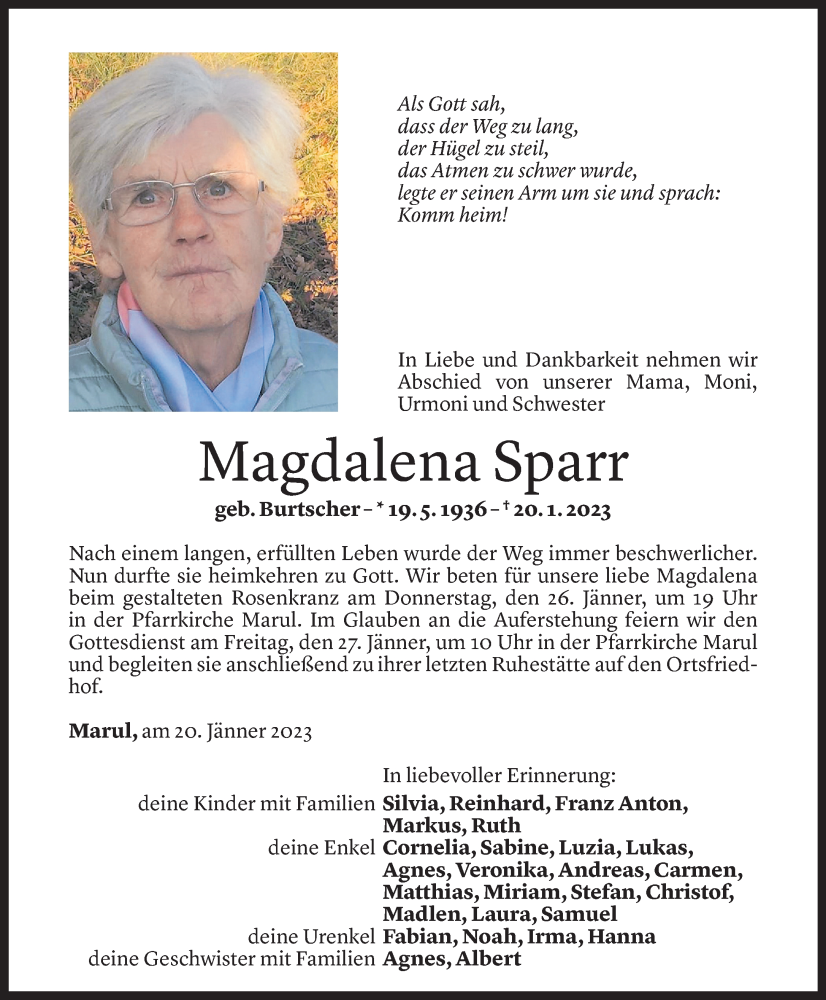  Todesanzeige für Magdalena Sparr vom 24.01.2023 aus Vorarlberger Nachrichten