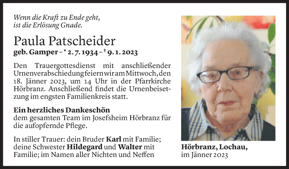  Todesanzeige für Paula Patscheider vom 13.01.2023 aus Vorarlberger Nachrichten