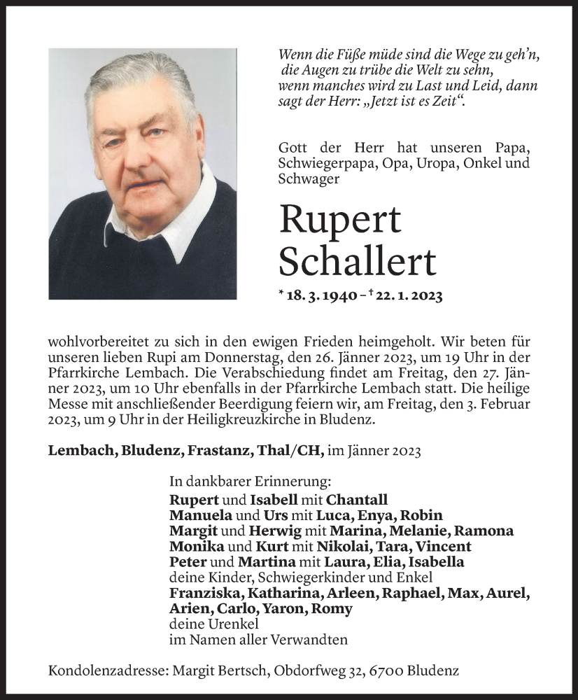  Todesanzeige für Rupert Schallert vom 27.01.2023 aus Vorarlberger Nachrichten