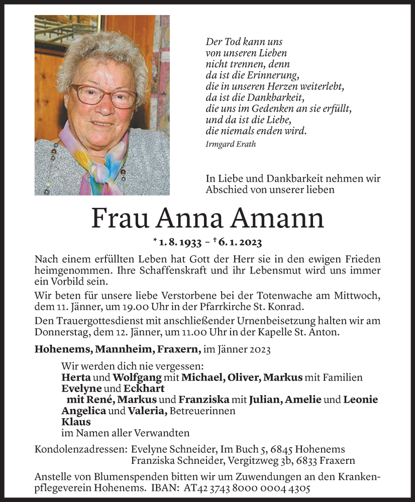  Todesanzeige für Anna Amann vom 10.01.2023 aus Vorarlberger Nachrichten