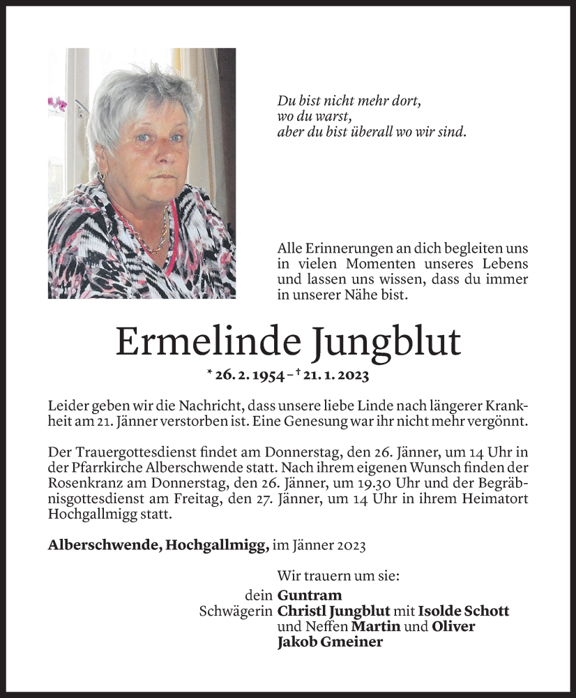  Todesanzeige für Ermelinde Jungblut vom 24.01.2023 aus Vorarlberger Nachrichten