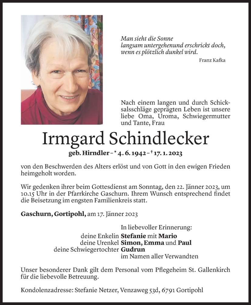  Todesanzeige für Irmgard Schindlecker vom 19.01.2023 aus Vorarlberger Nachrichten