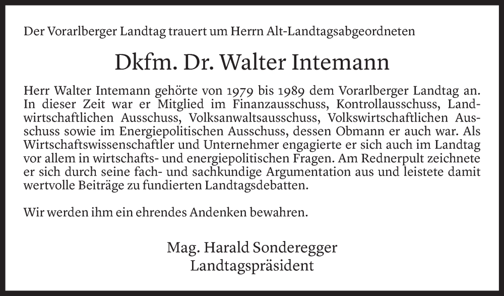  Todesanzeige für Walter Intemann vom 10.01.2023 aus Vorarlberger Nachrichten