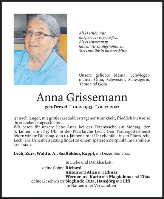 Todesanzeige von Anna Grissemann von Vorarlberger Nachrichten