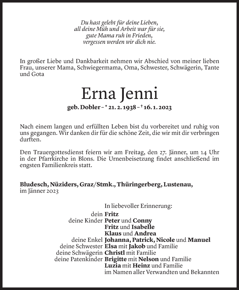  Todesanzeige für Erna Jenni vom 25.01.2023 aus Vorarlberger Nachrichten