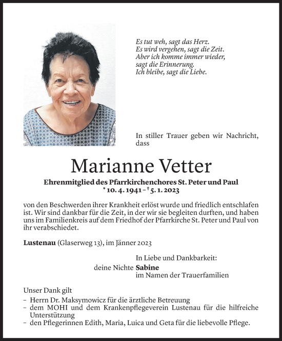 Todesanzeige von Marianne Vetter von Vorarlberger Nachrichten