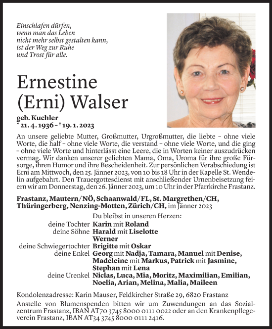 Todesanzeige von Ernestine Walser von Vorarlberger Nachrichten