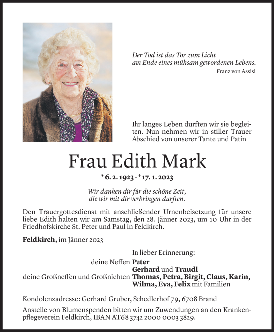 Todesanzeige von Edith Mark von Vorarlberger Nachrichten