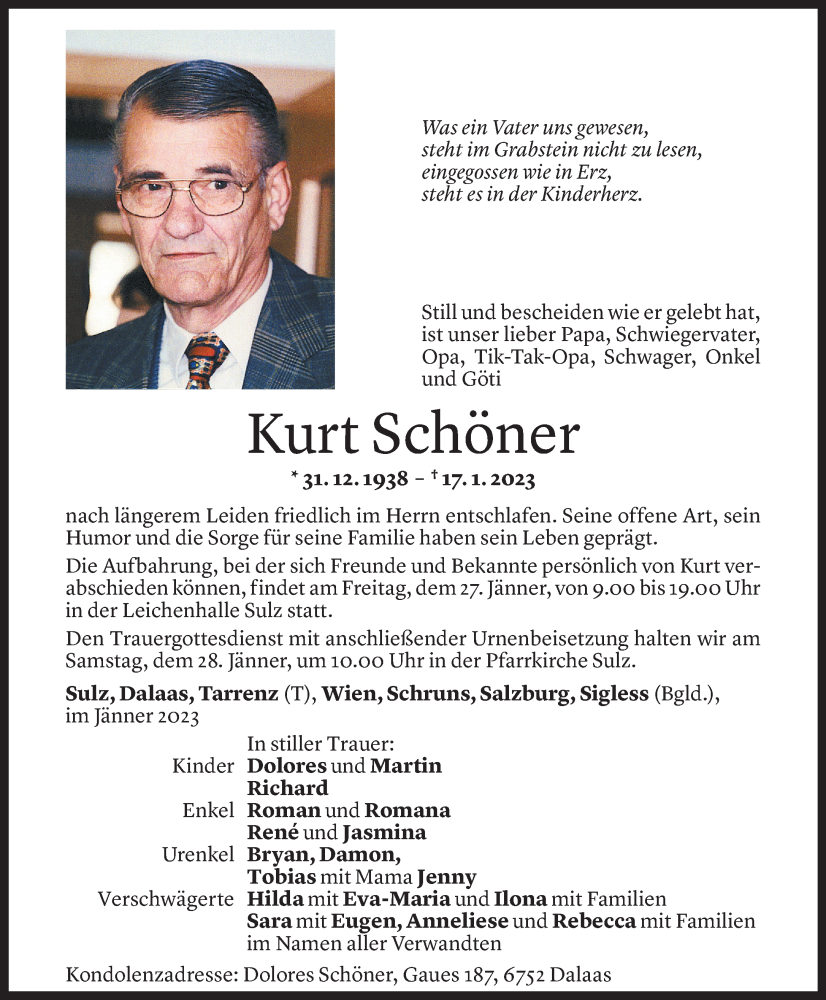  Todesanzeige für Kurt Schöner vom 24.01.2023 aus Vorarlberger Nachrichten