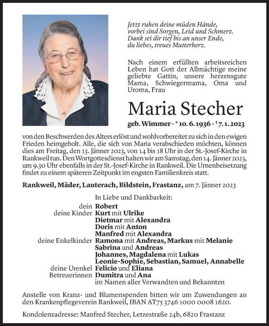 Todesanzeige von Maria Stecher von Vorarlberger Nachrichten