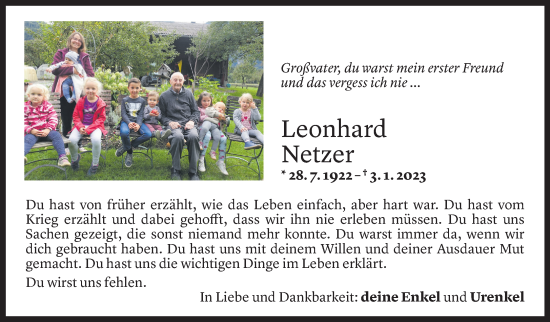 Todesanzeige von Leonhard Netzer von Vorarlberger Nachrichten
