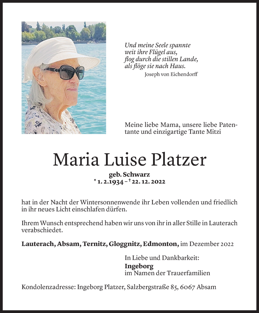  Todesanzeige für Maria Luise Platzer vom 07.01.2023 aus vorarlberger nachrichten