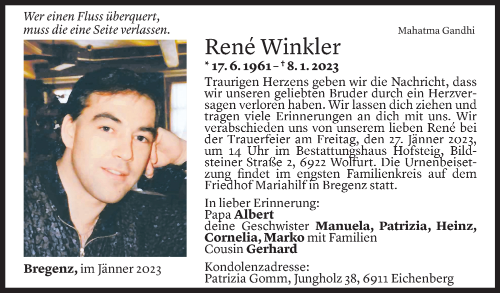  Todesanzeige für Rene Winkler vom 25.01.2023 aus Vorarlberger Nachrichten