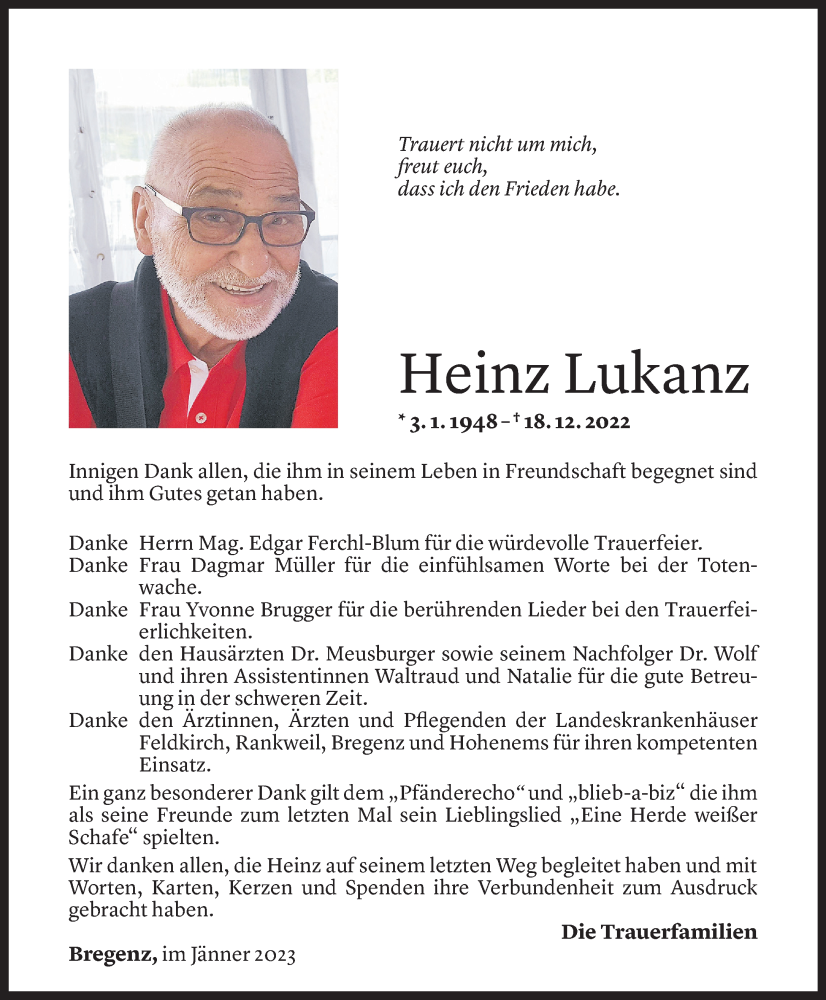  Todesanzeige für Heinz Lukanz vom 13.01.2023 aus Vorarlberger Nachrichten