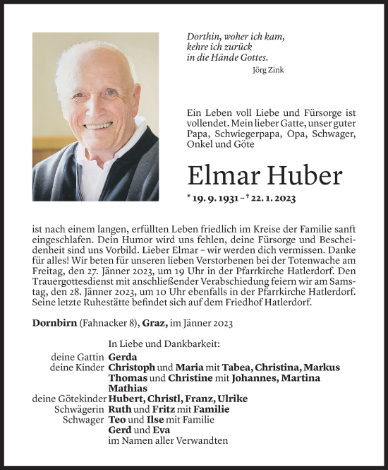 Todesanzeige von Elmar Huber von Vorarlberger Nachrichten
