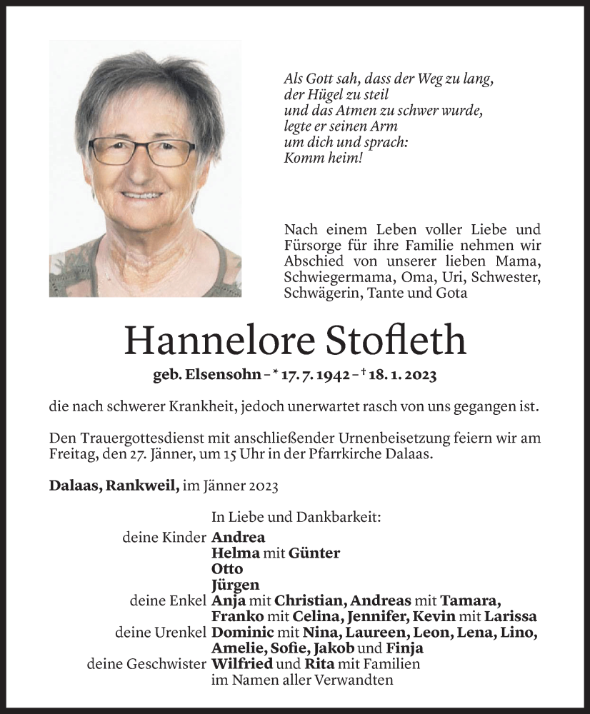  Todesanzeige für Hannelore Stofleth vom 25.01.2023 aus Vorarlberger Nachrichten