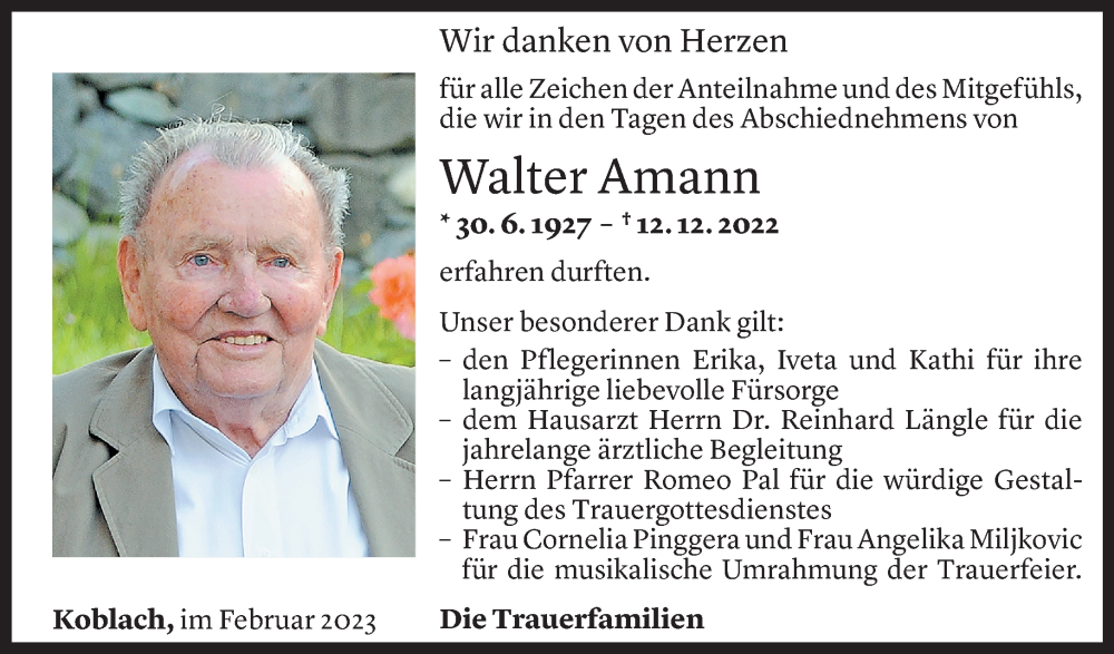  Todesanzeige für Walter Amann vom 03.02.2023 aus Vorarlberger Nachrichten